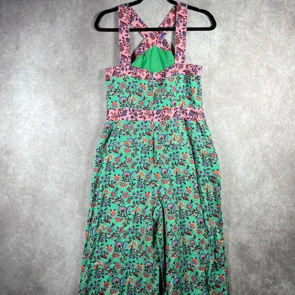 Boden Cross Over Linen Jumpsuit Womens 4 Green Pink Floral‎ Sleeveless Boho NEW - Picture 5 of 13